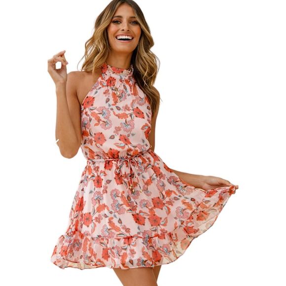Saints+Secrets Pink Floral Print Halter Mini Dress,Sz. Small, Pink/Red/Blue NWT - Picture 1 of 11